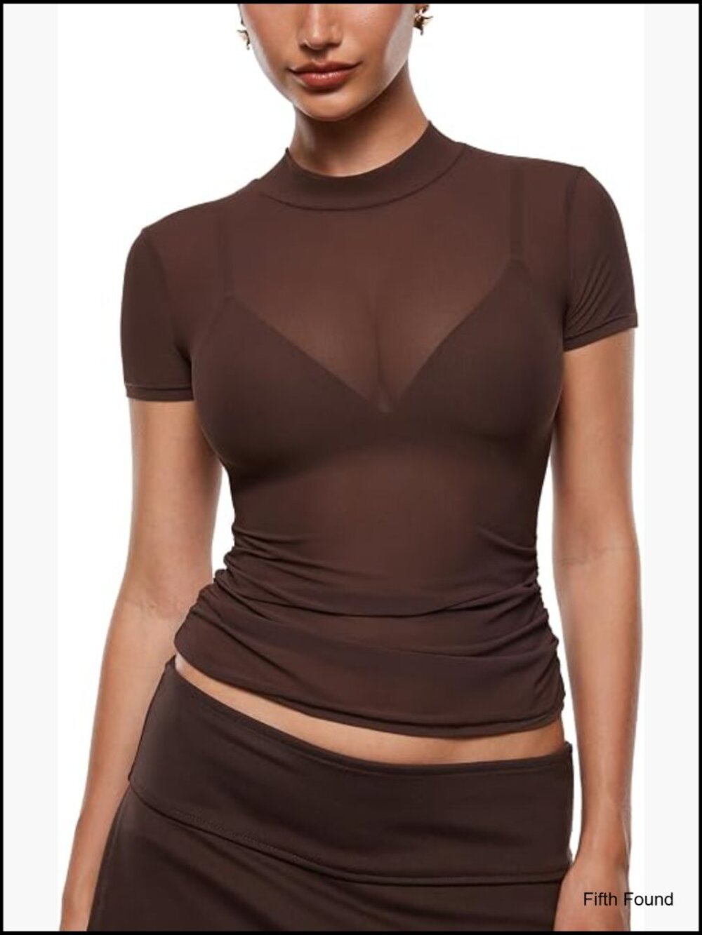 Sheer Mesh Mock Neck Ruched Fitted Sexy Tee Short Sleeve Summer Going Out Top - Picture 1 of 6